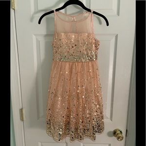 Peach and gold sequin dress